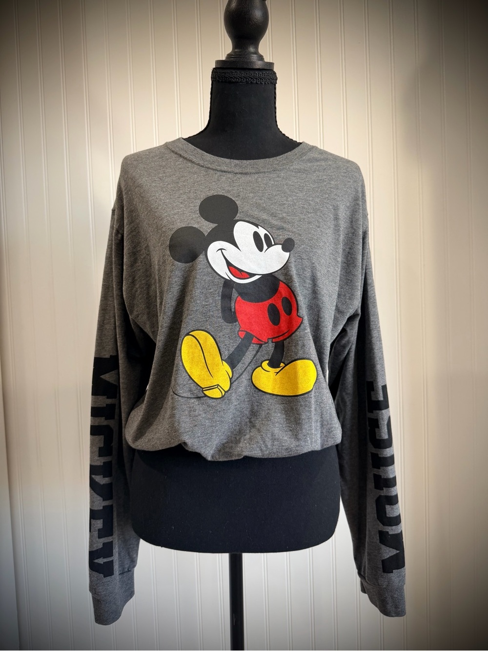 Women’s Disney Gray Long-Sleeve Mickey Mouse Tee with Red and Yellow Graphic